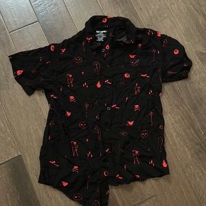 Black Button-down with Red Coffins and Skulls